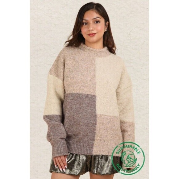 ECO Oversized Color Block Cozy Knit Sweater Top - Picture 1 of 4